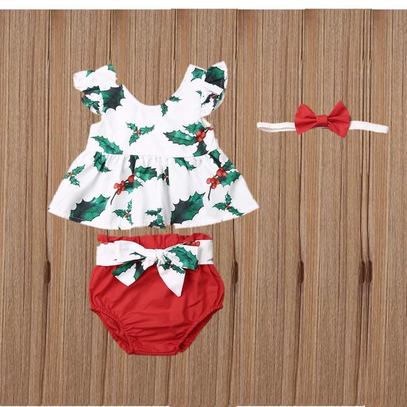 Baby Girl Christmas Outfit Clothes Dress Holly Berry Top Diaper Cover - Picture 3 of 3